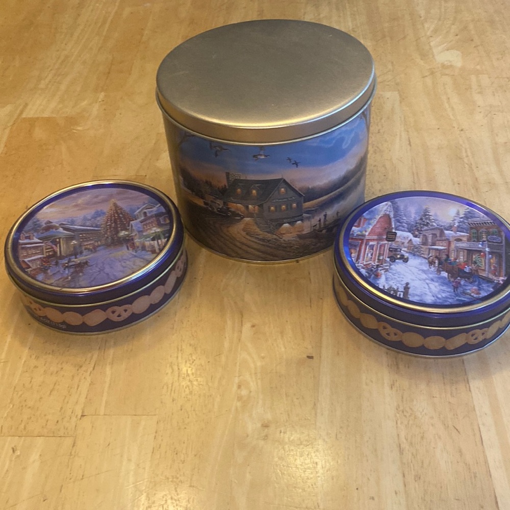 Holiday cookie or candy tins. 1 large. 2 small. See pics for size and scenes.